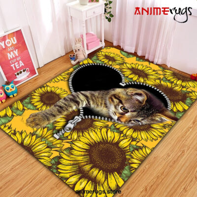 Cute Cat Sunflower Zipper Rug Carpet Rug Home Room Decor Premium Rectangle Rug / Small Official Rug Merch