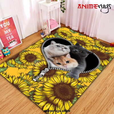Cute Cats Sunflower Zipper Rug Carpet Rug Home Room Decor Premium Rectangle Rug / Small Official Rug Merch