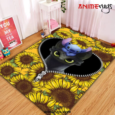 Toothless And Stitch Sunflower Zipper Rug Carpet Rug Home Room Decor Premium Rectangle Rug / Small Official Rug Merch